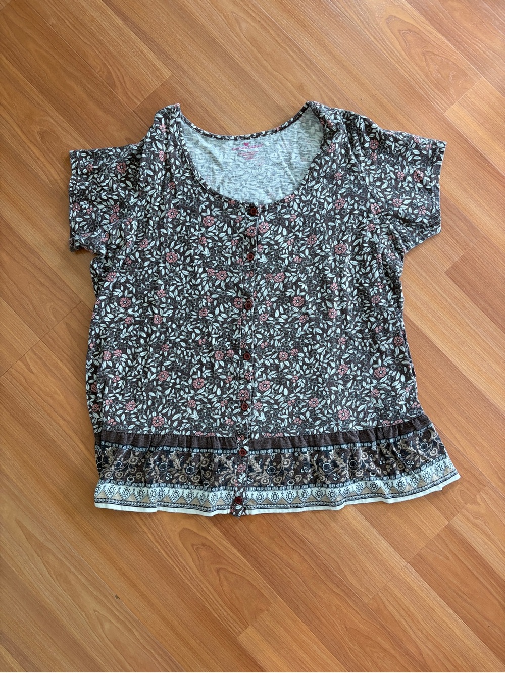Woman Within Brown Floral Button-Front Short Sleeve Top